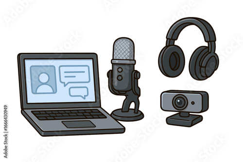 Podcast and streaming equipment set. Cartoon vector illustration of a laptop, microphone, headphones and webcam for vlogging, online meetings, webinars or remote work setup.