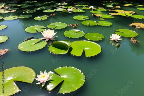 Water Lilies and Lily Pads on a Teal Pond 