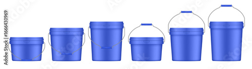 Blue plastic buckets with metal handle and lid. Vector mockup of a food or building mixtures packaging. A bucket of paint or putty. Small, medium and large sizes