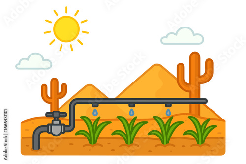 Drip irrigation system for agriculture in an arid desert landscape. Concept for smart farming, water conservation, and plant cultivation. Vector cartoon illustration of crops.