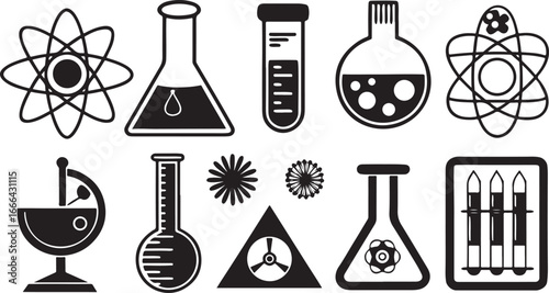 An isolated blue vector icon set shows various chemistry laboratory glassware, research equipment, and scientific experiment instruments