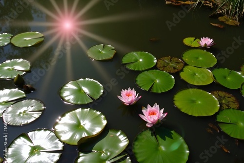 Water Lilies and Lily Pads on a Teal Pond 