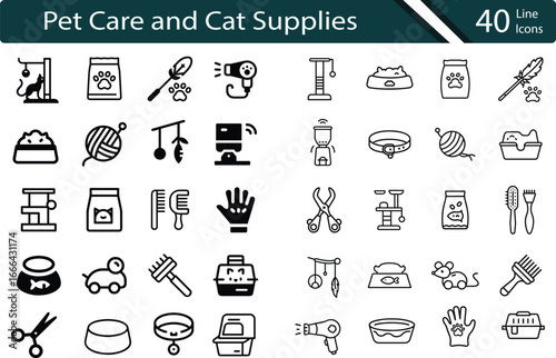 Pet Care and Cat Supplies line Icon Set – Grooming, Food, Toys, and Accessories.