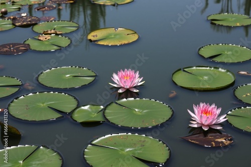 Water Lilies and Lily Pads on a Teal Pond 