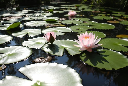 Water Lilies and Lily Pads on a Teal Pond 