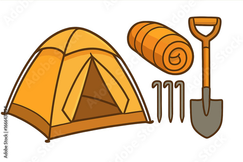Camping equipment set for outdoor adventure. Tent, sleeping bag, shovel, stakes. Vector cartoon illustration for hiking, travel, tourism. Survival gear icons isolated.