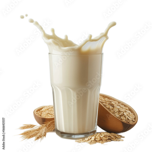 Oat milk in a glass with a splash, isolated on a white background, transparent background.