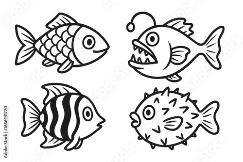 Fish vector icon set in simple line art. Collection of cute cartoon marine animals. Includes anglerfish, pufferfish, tropical fish. Black and white aquatic life illustrations.
