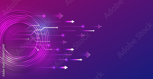 A futuristic tech background with glowing arrows, circular digital circuits and a purple gradient symbolizing speed, innovation and data flow. Good for science-themed presentations.