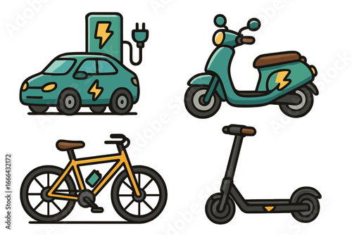 Electric transport icon set. Eco-friendly mobility solutions with EV car at charging station, e-bike, electric moped & scooter. Green energy vehicle vector cartoon graphics.