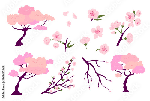 Cartoon Color Different Pink Japanese Sakura Set Concept Flat Design Style. Vector illustration of Flowers, Petals, Buds, Branches and Trees