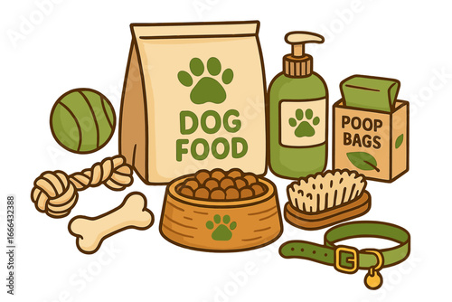 Dog care essentials set with eco-friendly products. Vector cartoon illustration of pet supplies collection: food, collar, toys, poop bags, brush, shampoo. Natural pet care.