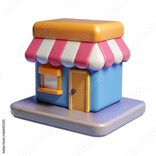 3D Rendered Storefront Icon (Blue Building, Pink Awning)