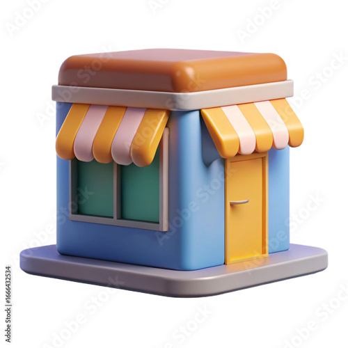3D Rendered Storefront Icon (Blue Building, Yellow Awning)