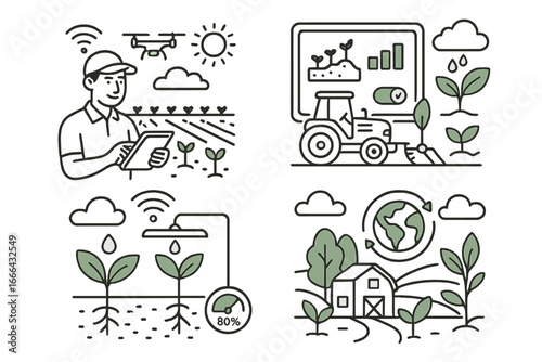 Smart farming agritech concept. Farmer with drone and tablet. Tractor automation, IoT irrigation, and environmental sustainability. Modern agriculture technology line icon set vector.
