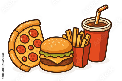 Fast food combo meal with pizza, burger and fries. Vector cartoon illustration of a junk food set. Cheeseburger, pepperoni pizza, potato chips and a soda drink for a restaurant menu.