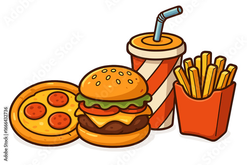 Fast food combo meal with burger, pizza, fries and soda drink. Junk food vector illustration. Cartoon icon set. Restaurant menu graphic. Unhealthy eating concept. Isolated design.