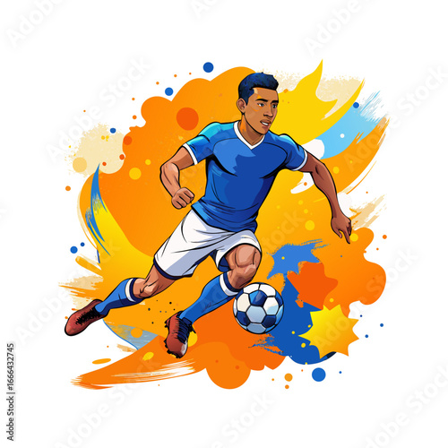 Football player running with ball in stadium Drawing soccer player kicking a ball Soccer Player Kicking In Mid-Air man kicking soccer ball against colored background.