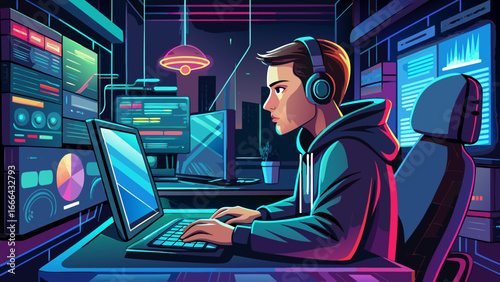 Programmer works within modern software company, glowing screens reflect lines of code, innovation breathes life, quiet concentration fuels creation, timeless vision of progress emerges from digital 