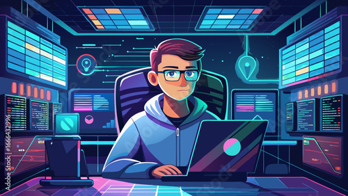 Programmer works within modern software company, glowing screens reflect lines of code, innovation breathes life, quiet concentration fuels creation, timeless vision of progress emerges from digital 