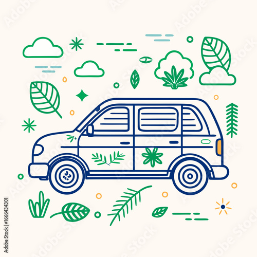 Line Art Green SUV/Wagon Car Doodle with Cannabis Leaves