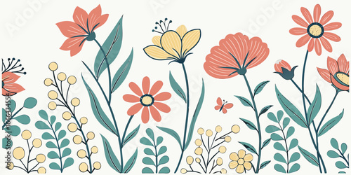 Vibrant Wildflower Border Seamless Pattern with Butterfly