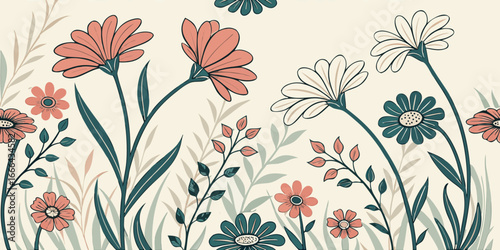 Wildflower and Daisy Border Seamless Pattern (Coral and Green)