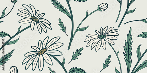 Scattered Dark Green Floral and Daisy Seamless Pattern