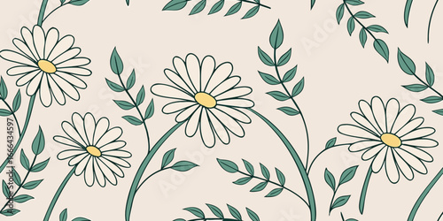 Hand-Drawn Daisy and Foliage Border Seamless Pattern