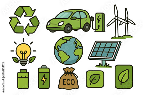 Eco-friendly icon set. Energy conservation and renewable resources concept. Green energy, recycling, electric car, solar panel, wind turbine. Ecology and sustainability vector.