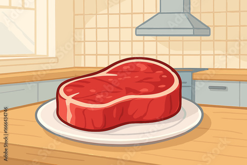 Raw steak vector cartoon illustration on a plate. Fresh uncooked beef meat on a kitchen counter. Food preparation for cooking a meal. Concept for butcher shop, protein diet.