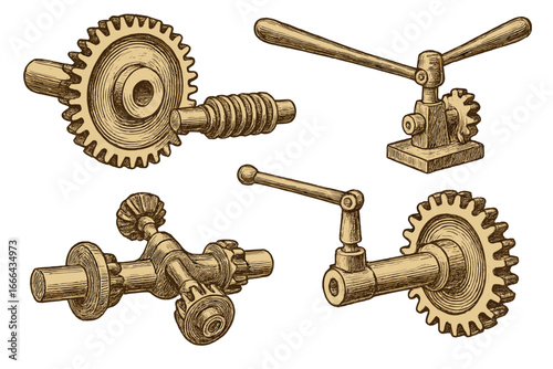 Set of vintage mechanical gears and levers. Engraved vector illustration of retro industrial machine parts. Steampunk technology concept with cogwheels and transmission elements.