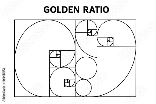 Golden ratio minimalist design with geometric patterns and circles. Fibonacci spiral sequence. Divine proportion for layout and balance. Sacred geometry symbol vector illustration.