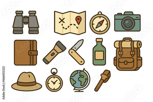 Travel and exploration icon set. Flat design vector illustration of adventure and camping gear. Includes map, compass, backpack, binoculars for hiking and tourism concepts.