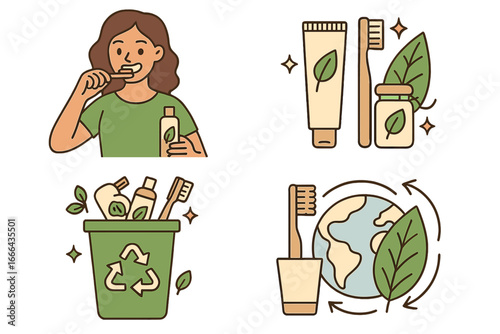 Eco-friendly oral care and zero waste lifestyle concept. Woman brushing teeth with a bamboo toothbrush. Sustainable dental hygiene icons. Recycling & organic products set.