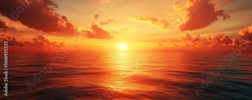 Depict an offshore wind farm at sunset with wind turbines reflecting golden sunlight on the ocean, Generative AI
