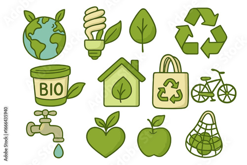 Eco friendly icons set for sustainability and environmental awareness. Green living concepts like recycling, conservation, and organic lifestyle. Vector cartoon collection.