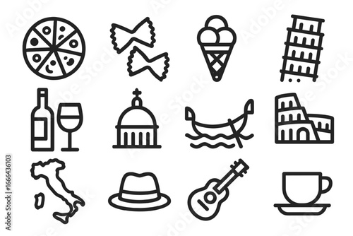Italy icon set. Italian food, culture, travel symbols. Simple line art collection. Vector outline illustration of pizza, pasta, wine, colosseum, pisa, venice, map.