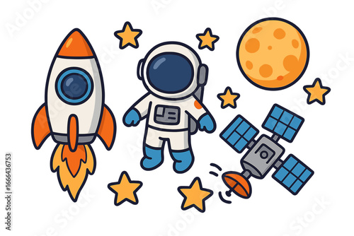 Cute space exploration vector set with rocket, astronaut, moon, satellite, and stars. Cartoon cosmos graphic elements for kids. Science and astronomy icon collection isolated.