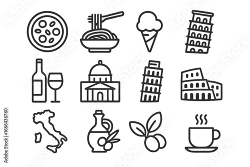 Italy travel icon set. Italian food, culture, and famous landmarks. Vector line art symbols. Pizza, pasta, colosseum, pisa tower, wine, coffee, gelato, map. Doodle.
