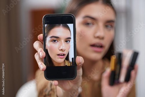 Beauty influencer showing makeup tutorial on phone screen demonstrating beauty products