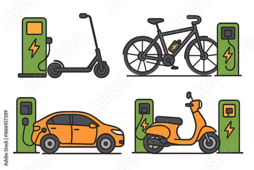 Electric vehicle icon set with EV car, e-bike, scooter, and moped at charging stations. Concept for urban mobility, green energy, and sustainable city transportation.