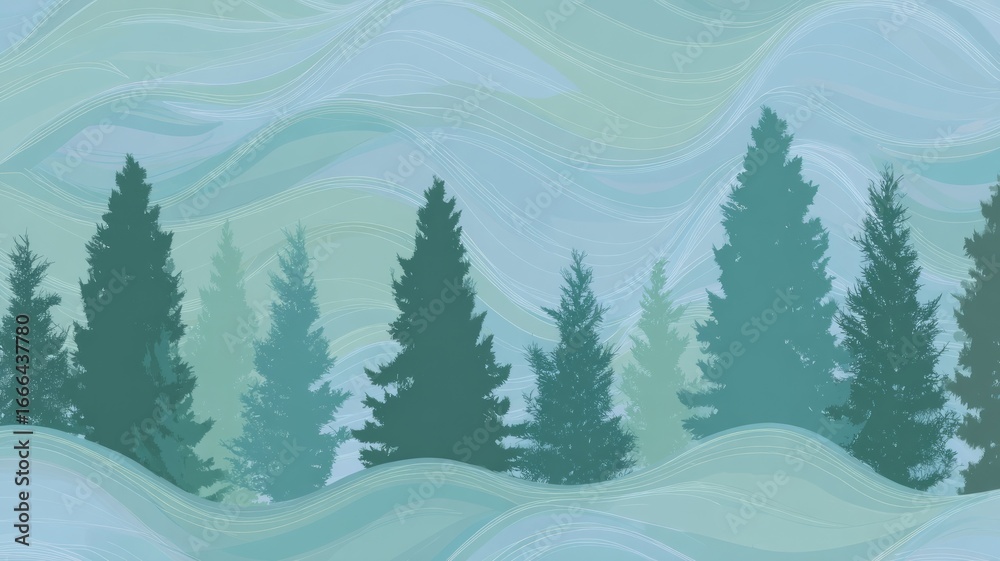 Fototapeta premium Stylized evergreen forest with wave patterns. AI image