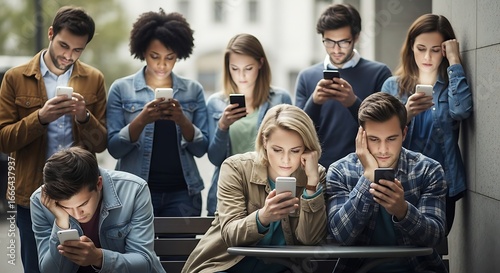 Diverse group engrossed in mobile devices