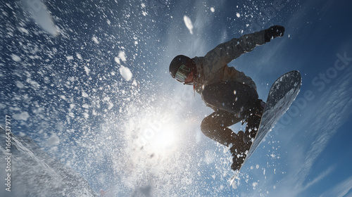 snowboarder mid-air jump, powder snow flying