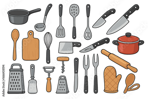 Kitchen utensils and chef tools icon set. Vector cartoon collection of cooking essentials for food preparation. Cookware elements like knife, pot, pan, grater, and whisk.