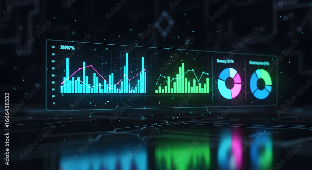 Fototapeta premium Futuristic digital interface displaying financial data with bar graphs and pie charts illuminated