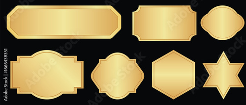gold label banner, Blank golden nameplate plaque with decorative edges and screw holes.golden name plates. Different golden temples illustration. Empty metallic label for signage, awards, door signs. 