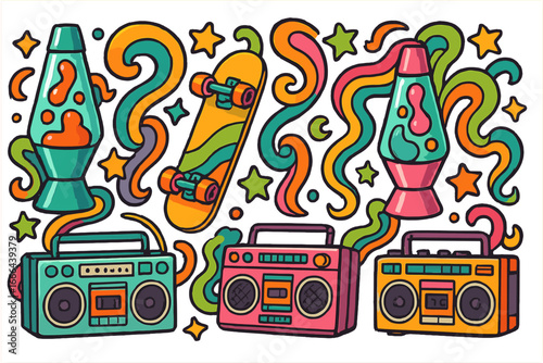 Retro 80s groovy pop art sticker pack. Lava lamp, skateboard, and boombox ghetto blaster cartoon illustration. Psychedelic nostalgia vector set with vibrant swirls and stars.