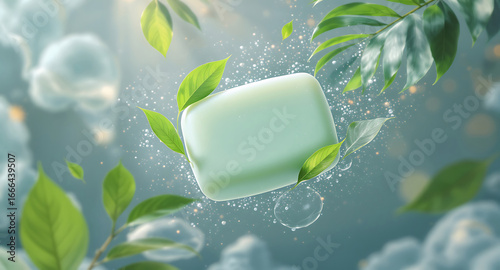 Abstract surreal floating soap with green tropical leaves in artistic imaginative background  